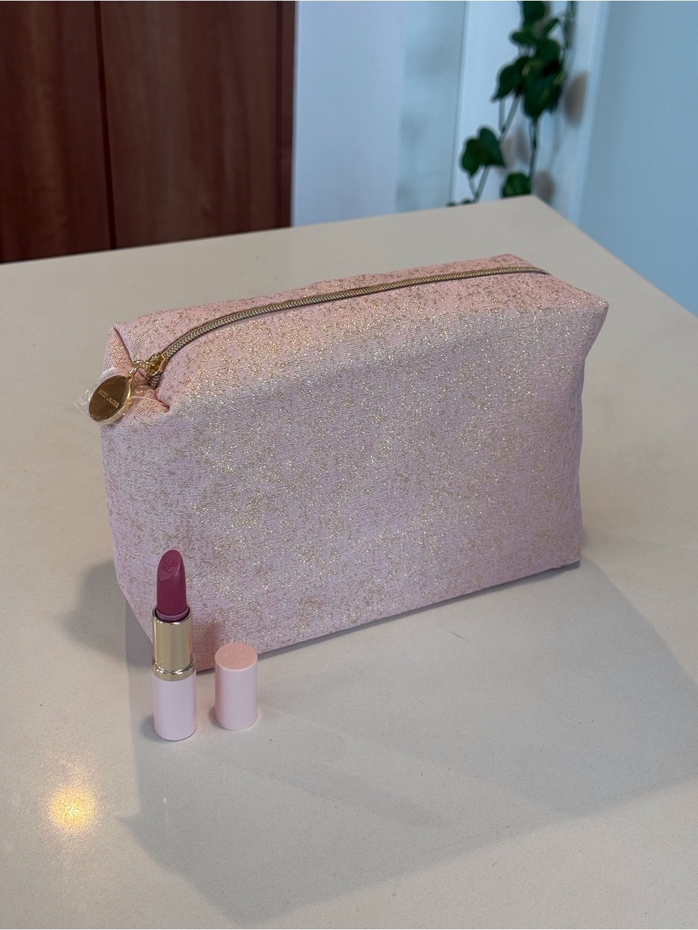 Esteelauder Glitter Pink Cosmetic Pouch with Gold Zipper plus Lipstick